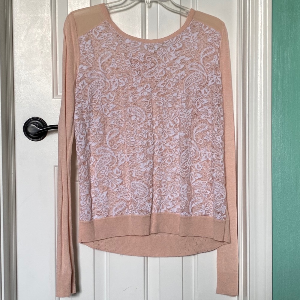 hinge Long-Sleeve Lace Front Light Pink Sweater